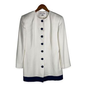 Vintage Christian Dior Blazer Cream Navy Button Minimalist 90s Jacket Size 10